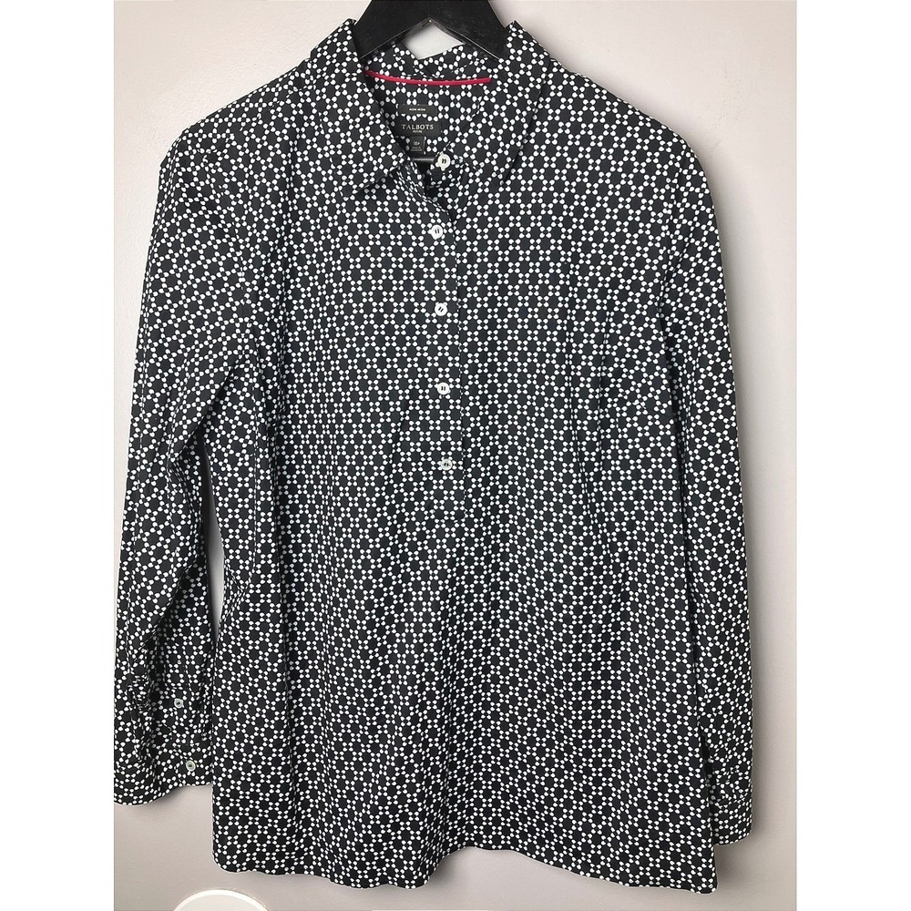 Talbots Petite 16P Non-Iron Button Down Shirt Black White Floral Geometric Top